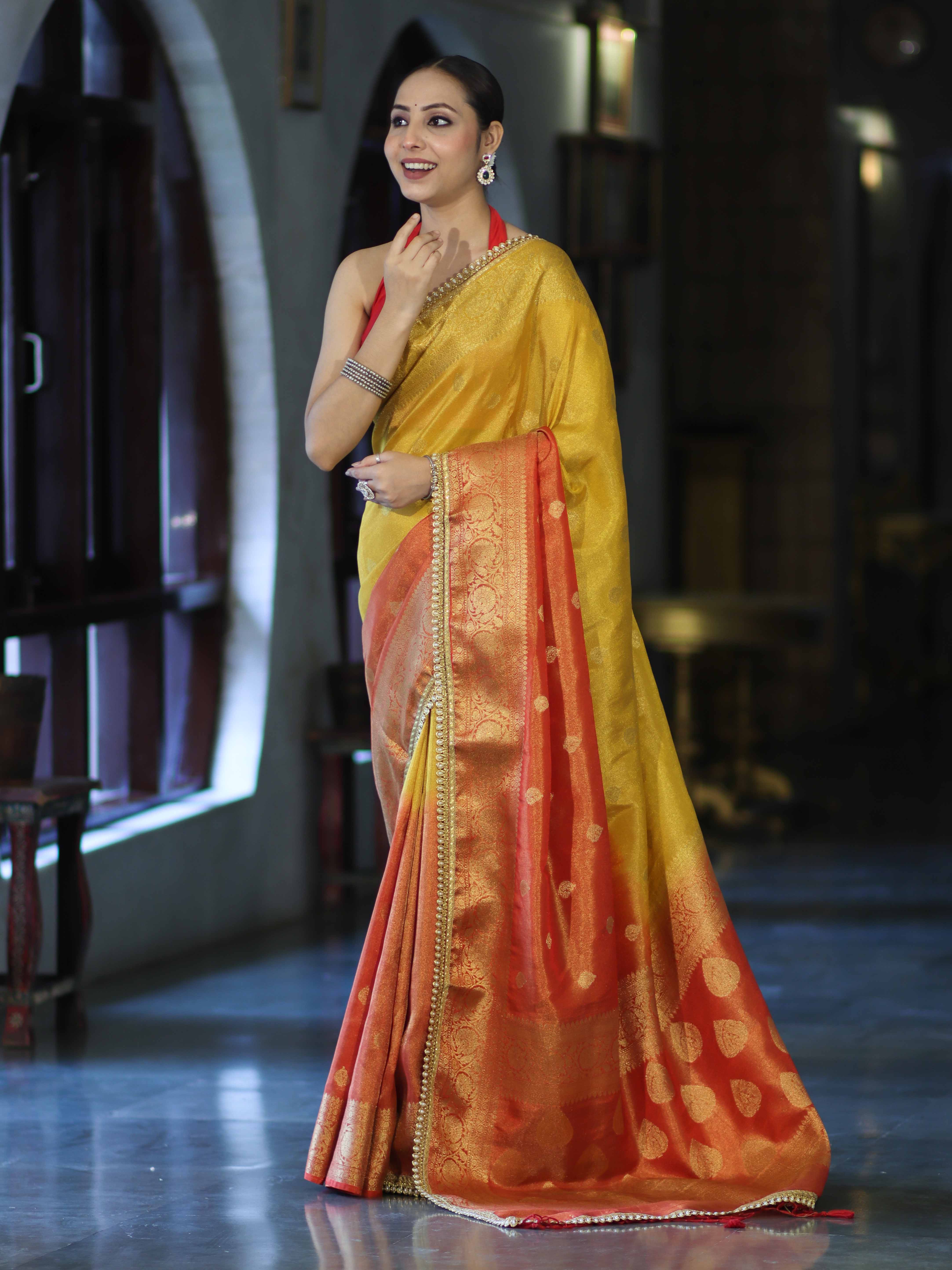 Banarasee Handloom Dual Color Tissue Silk Saree With Zari Buta Design Border & Lace-Red & Yellow