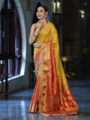 Banarasee Handloom Dual Color Tissue Silk Saree With Zari Buta Design Border & Lace-Red & Yellow