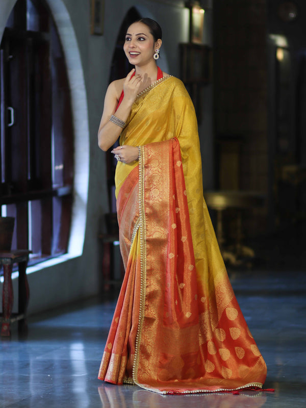 Banarasee Handloom Dual Color Tissue Silk Saree With Zari Buta Design Border & Lace-Red & Yellow