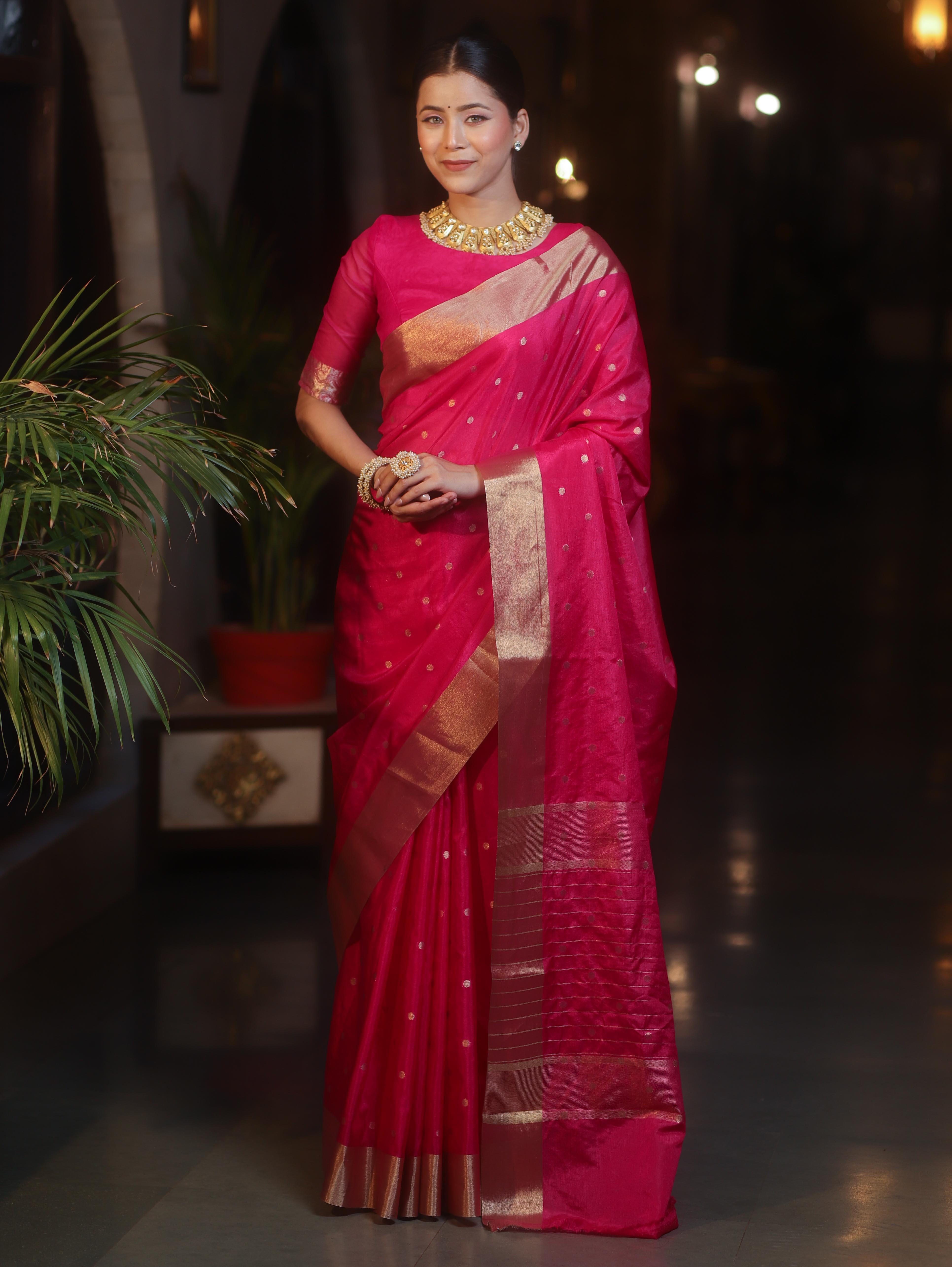 Banarasee Handwoven Semi Silk Saree With Zari Buti Design-Pink
