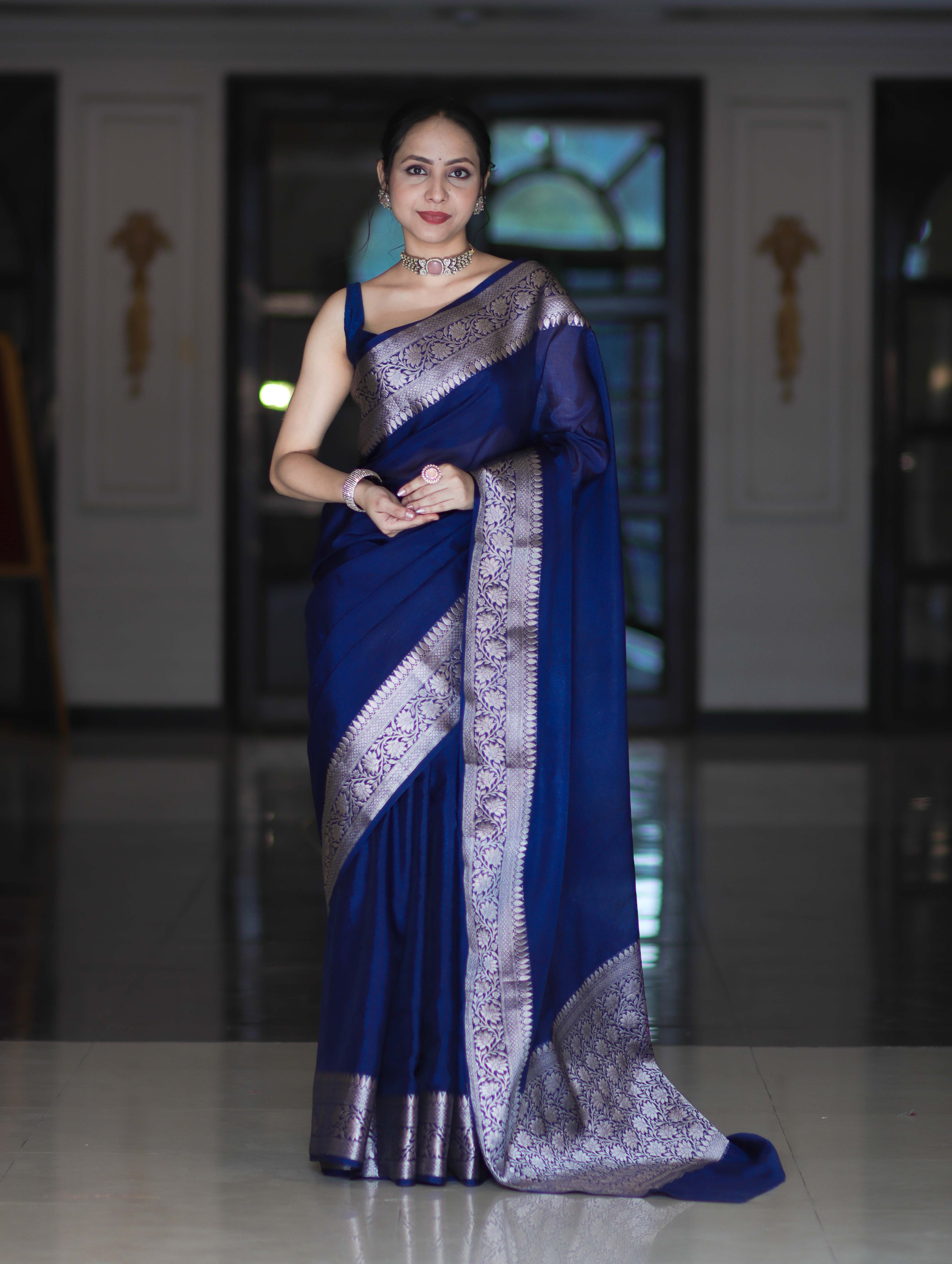 Banarasee Handloom Plain Semi Silk Saree With Zari Woven Border-Navy Blue