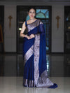 Banarasee Handloom Plain Semi Silk Saree With Zari Woven Border-Navy Blue