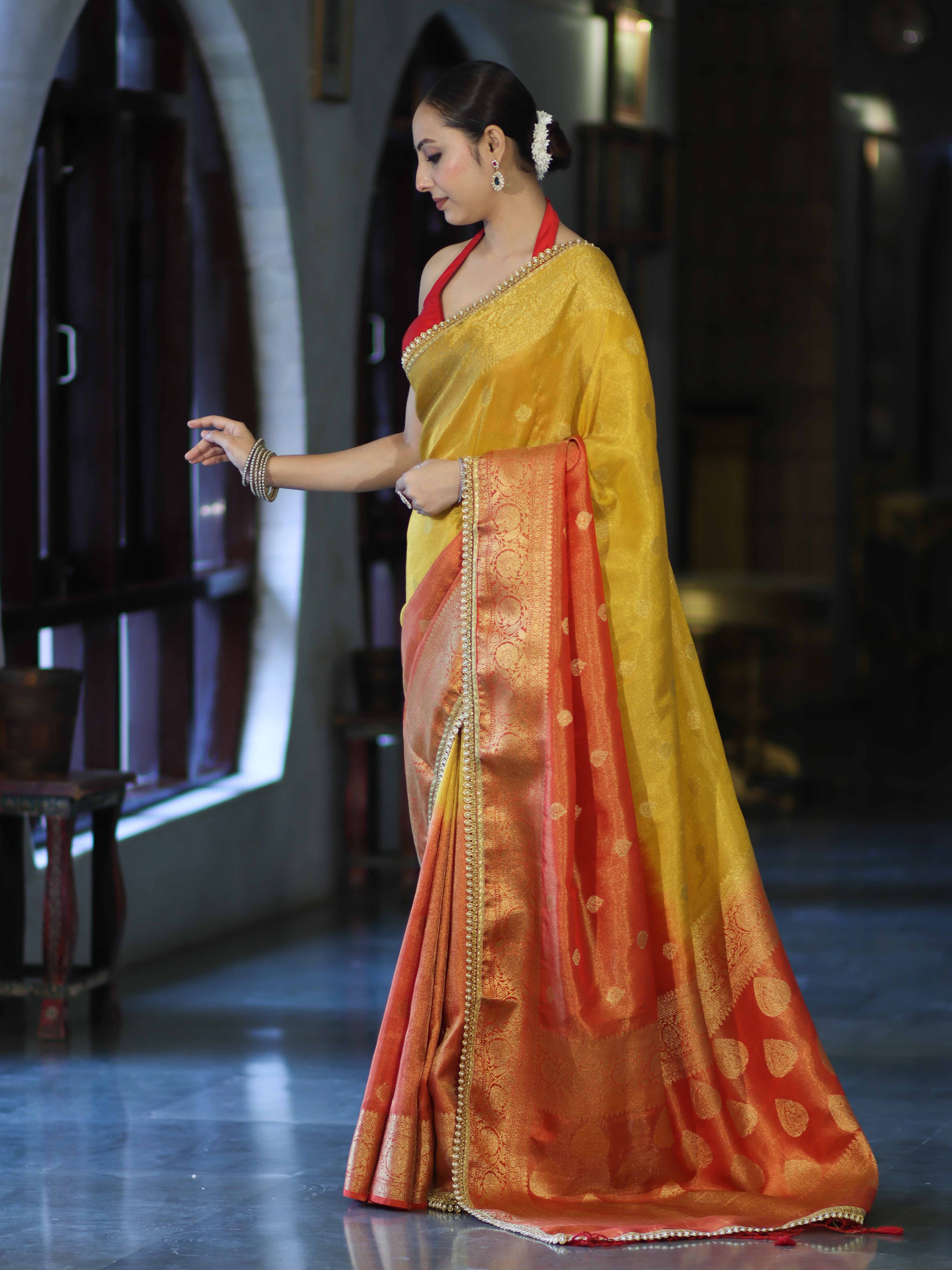 Banarasee Handloom Dual Color Tissue Silk Saree With Zari Buta Design Border & Lace-Red & Yellow