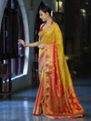 Banarasee Handloom Dual Color Tissue Silk Saree With Zari Buta Design Border & Lace-Red & Yellow