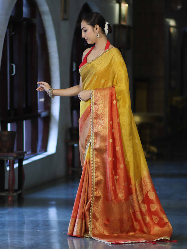 Banarasee Handloom Dual Color Tissue Silk Saree With Zari Buta Design Border & Lace-Red & Yellow