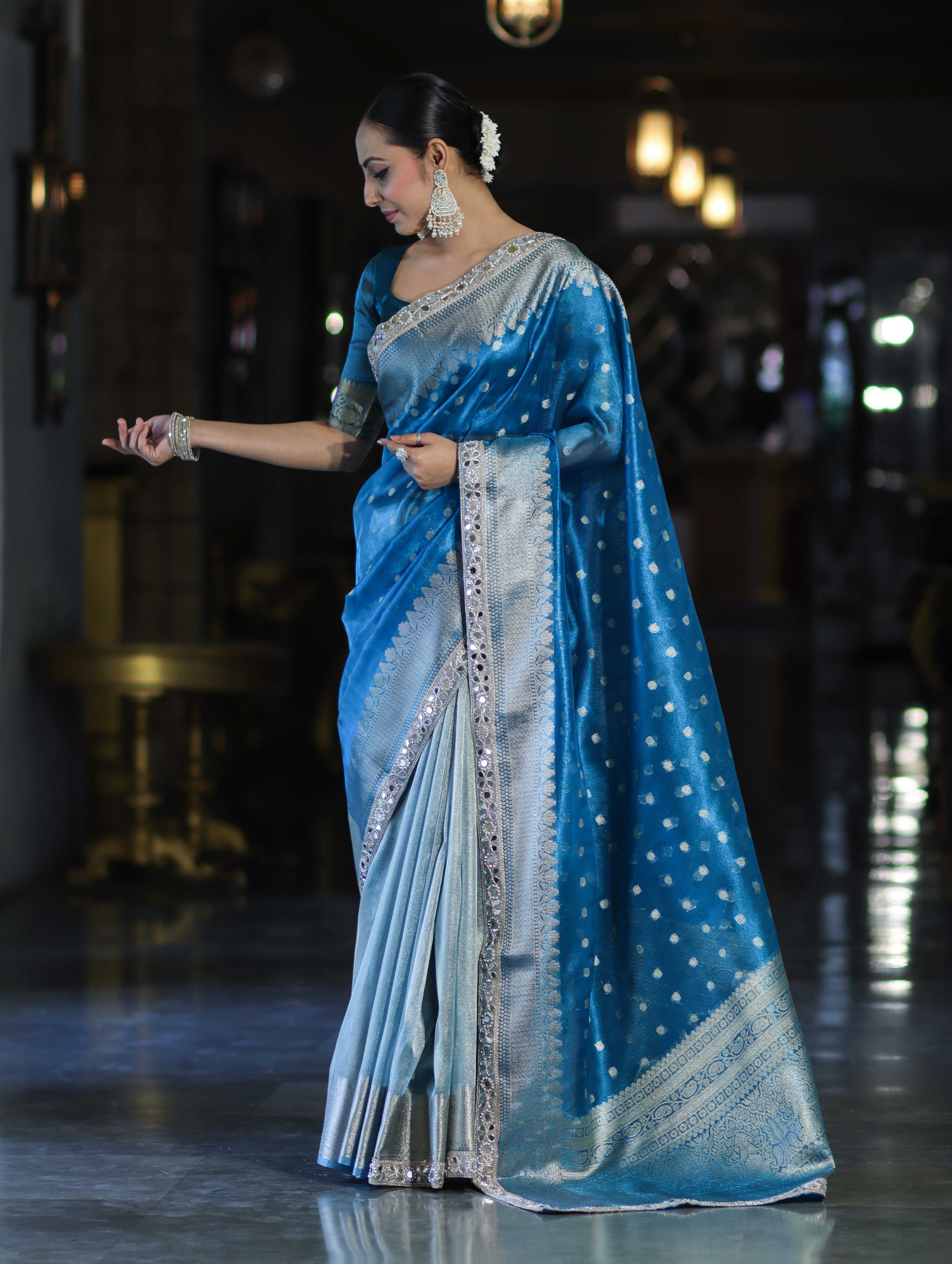 Banarasee Handloom Tissue Saree With Buti Design Zari Border & Lace-Sky Blue
