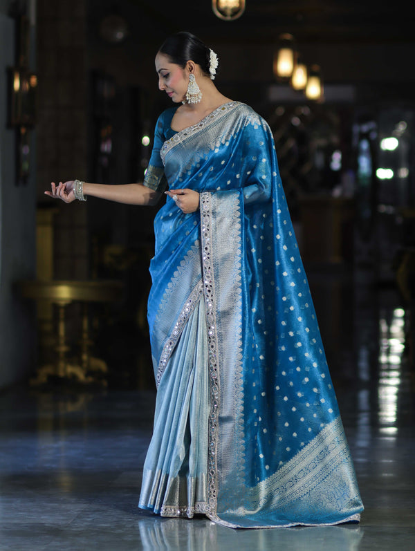 Banarasee Handloom Tissue Saree With Buti Design Zari Border & Lace-Sky Blue