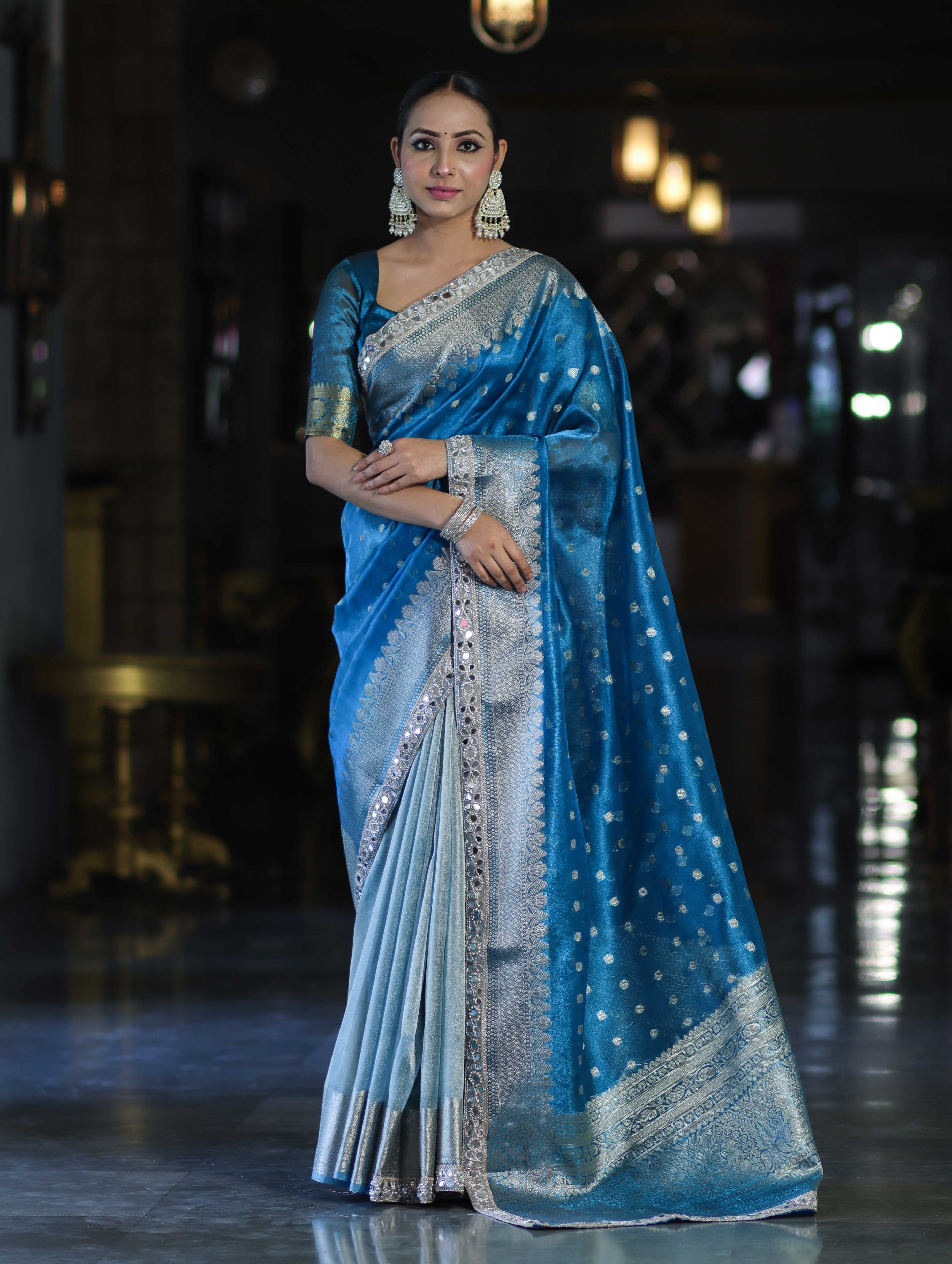 Banarasee Handloom Tissue Saree With Buti Design Zari Border & Lace-Sky Blue
