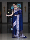 Banarasee Handloom Plain Semi Silk Saree With Zari Woven Border-Navy Blue
