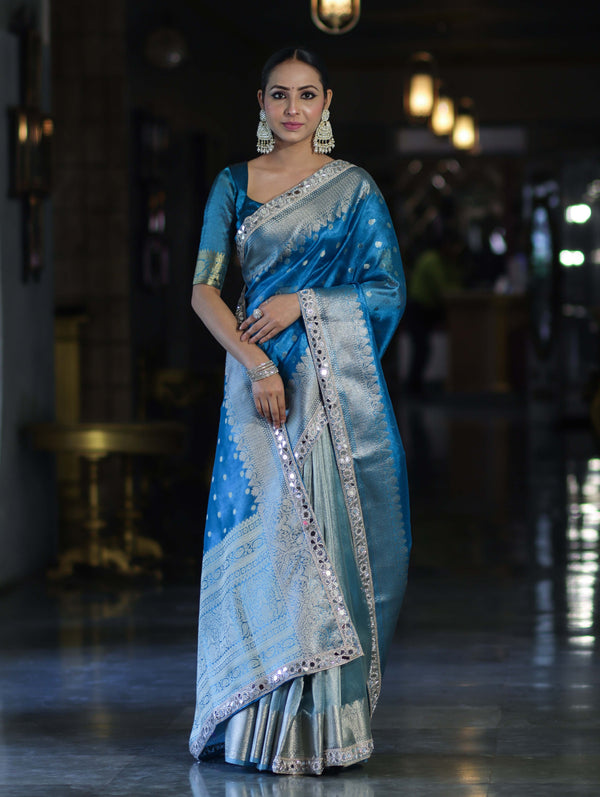 Banarasee Handloom Tissue Saree With Buti Design Zari Border & Lace-Sky Blue