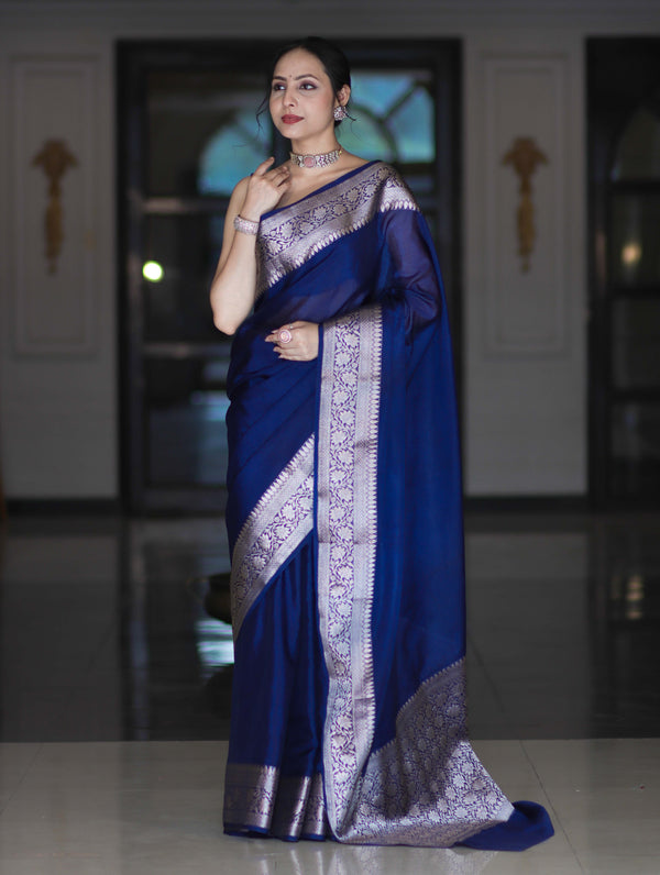 Banarasee Handloom Plain Semi Silk Saree With Zari Woven Border-Navy Blue