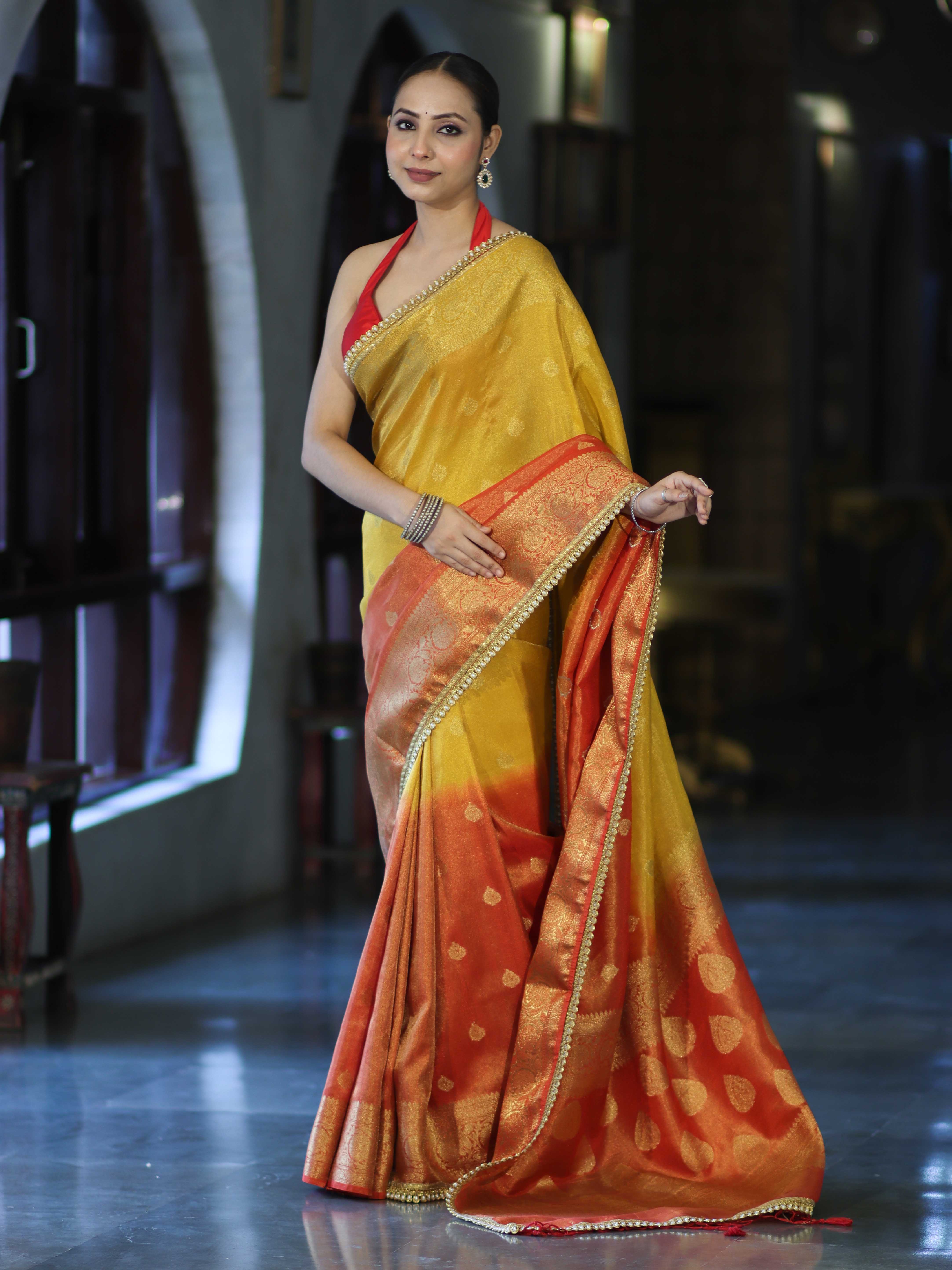 Banarasee Handloom Dual Color Tissue Silk Saree With Zari Buta Design Border & Lace-Red & Yellow