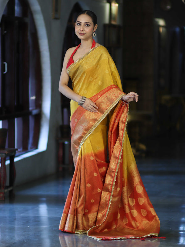 Banarasee Handloom Dual Color Tissue Silk Saree With Zari Buta Design Border & Lace-Red & Yellow