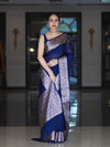 Banarasee Handloom Plain Semi Silk Saree With Zari Woven Border-Navy Blue