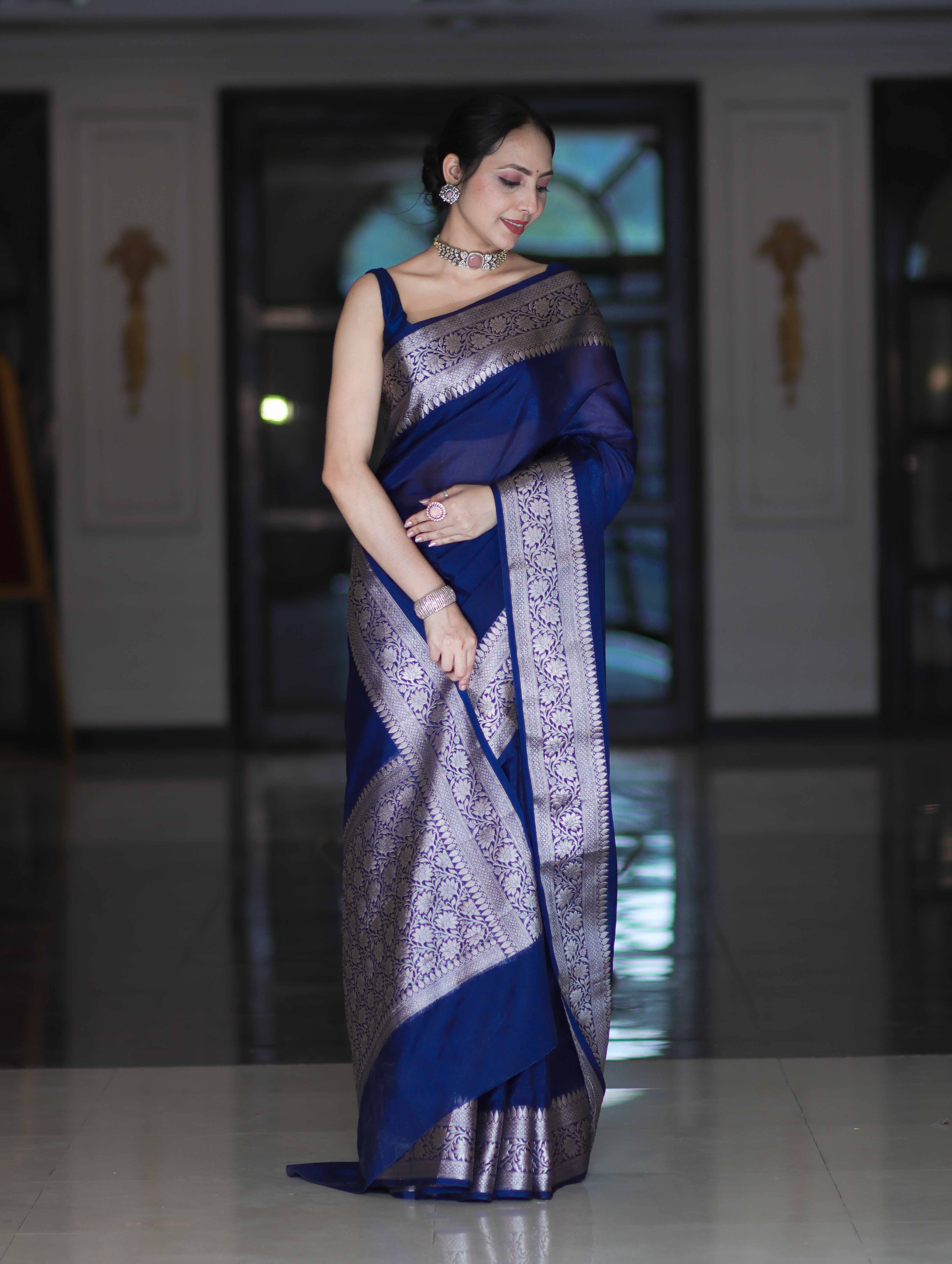 Banarasee Handloom Plain Semi Silk Saree With Zari Woven Border-Navy Blue
