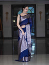 Banarasee Handloom Plain Semi Silk Saree With Zari Woven Border-Navy Blue