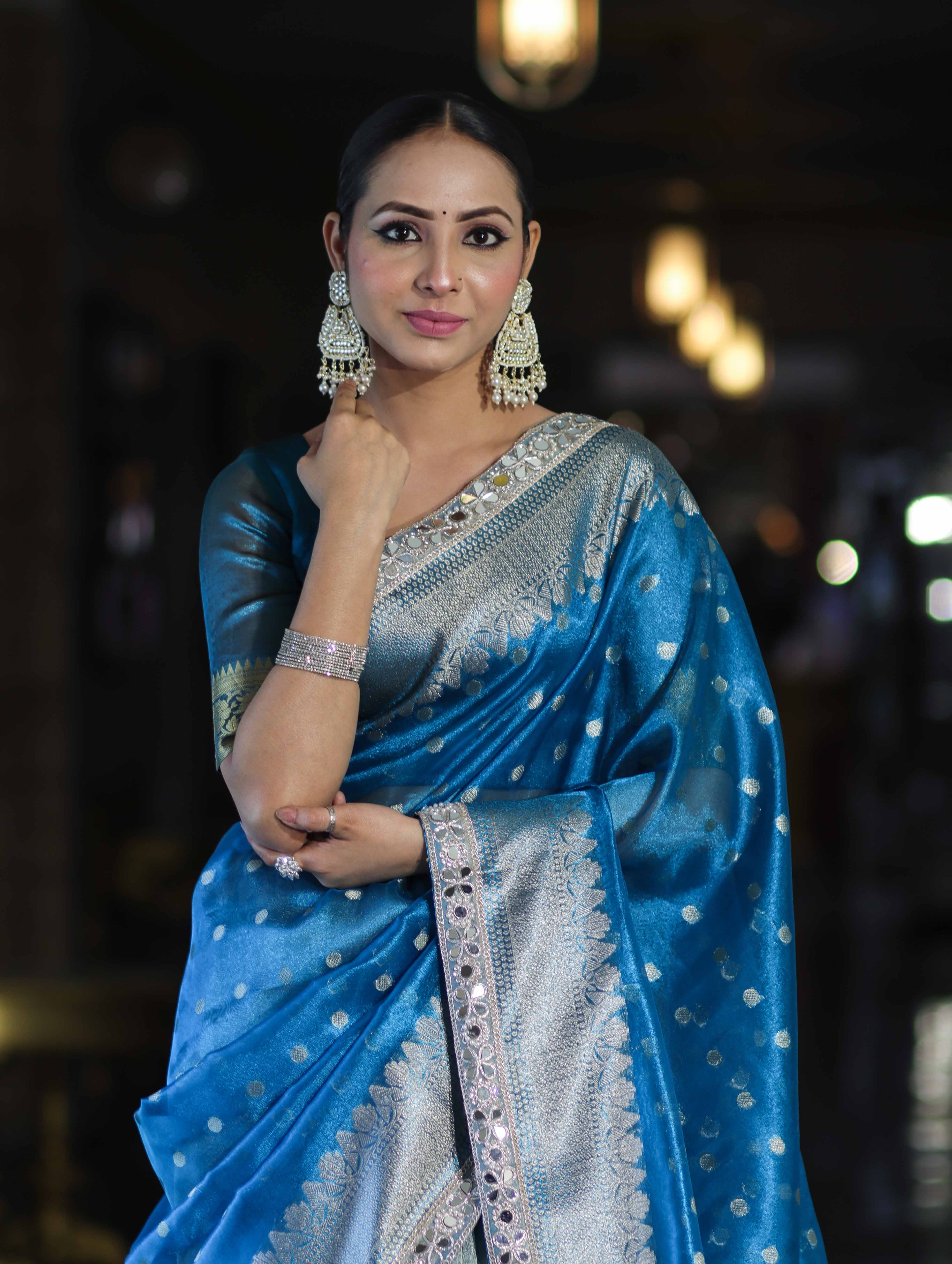 Banarasee Handloom Tissue Saree With Buti Design Zari Border & Lace-Sky Blue
