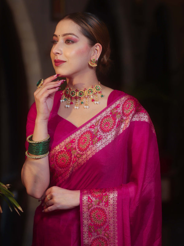 Banarasee Pure Chiffon Plain Saree With Resham Border-Pink