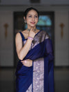 Banarasee Handloom Plain Semi Silk Saree With Zari Woven Border-Navy Blue