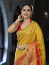 Banarasee Handloom Dual Color Tissue Silk Saree With Zari Buta Design Border & Lace-Red & Yellow