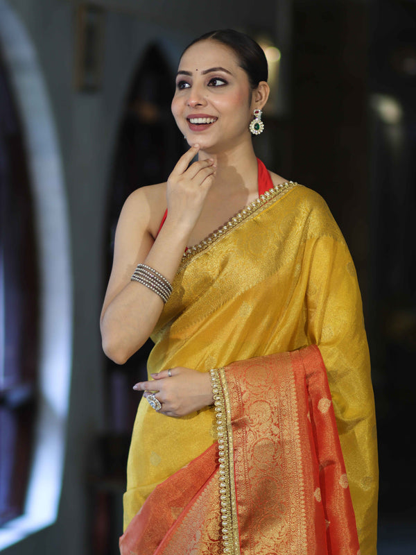 Banarasee Handloom Dual Color Tissue Silk Saree With Zari Buta Design Border & Lace-Red & Yellow