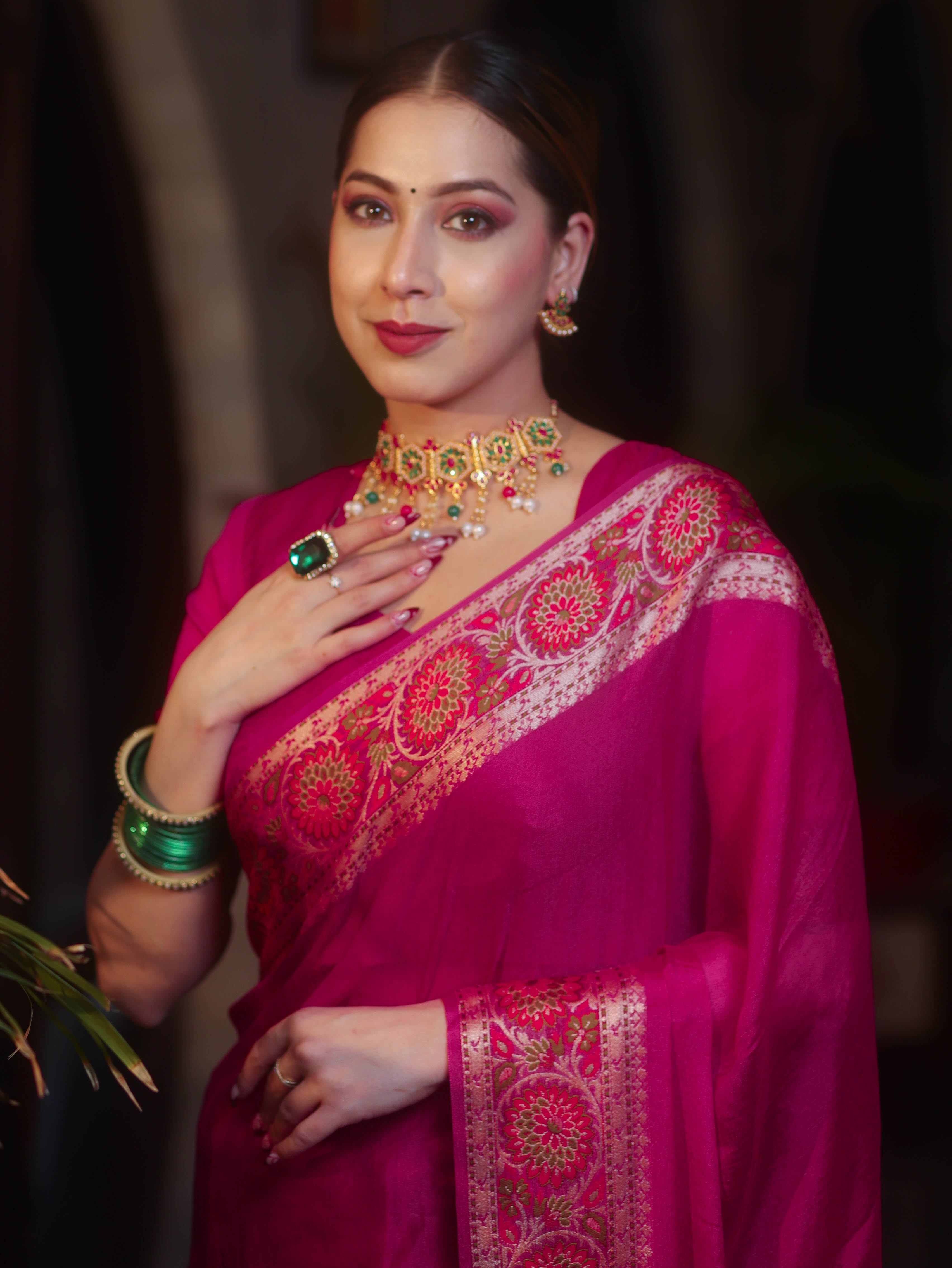 Banarasee Pure Chiffon Plain Saree With Resham Border-Pink