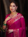 Banarasee Pure Chiffon Plain Saree With Resham Border-Pink