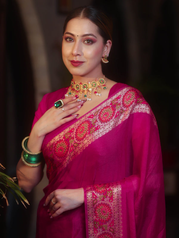 Banarasee Pure Chiffon Plain Saree With Resham Border-Pink