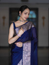 Banarasee Handloom Plain Semi Silk Saree With Zari Woven Border-Navy Blue