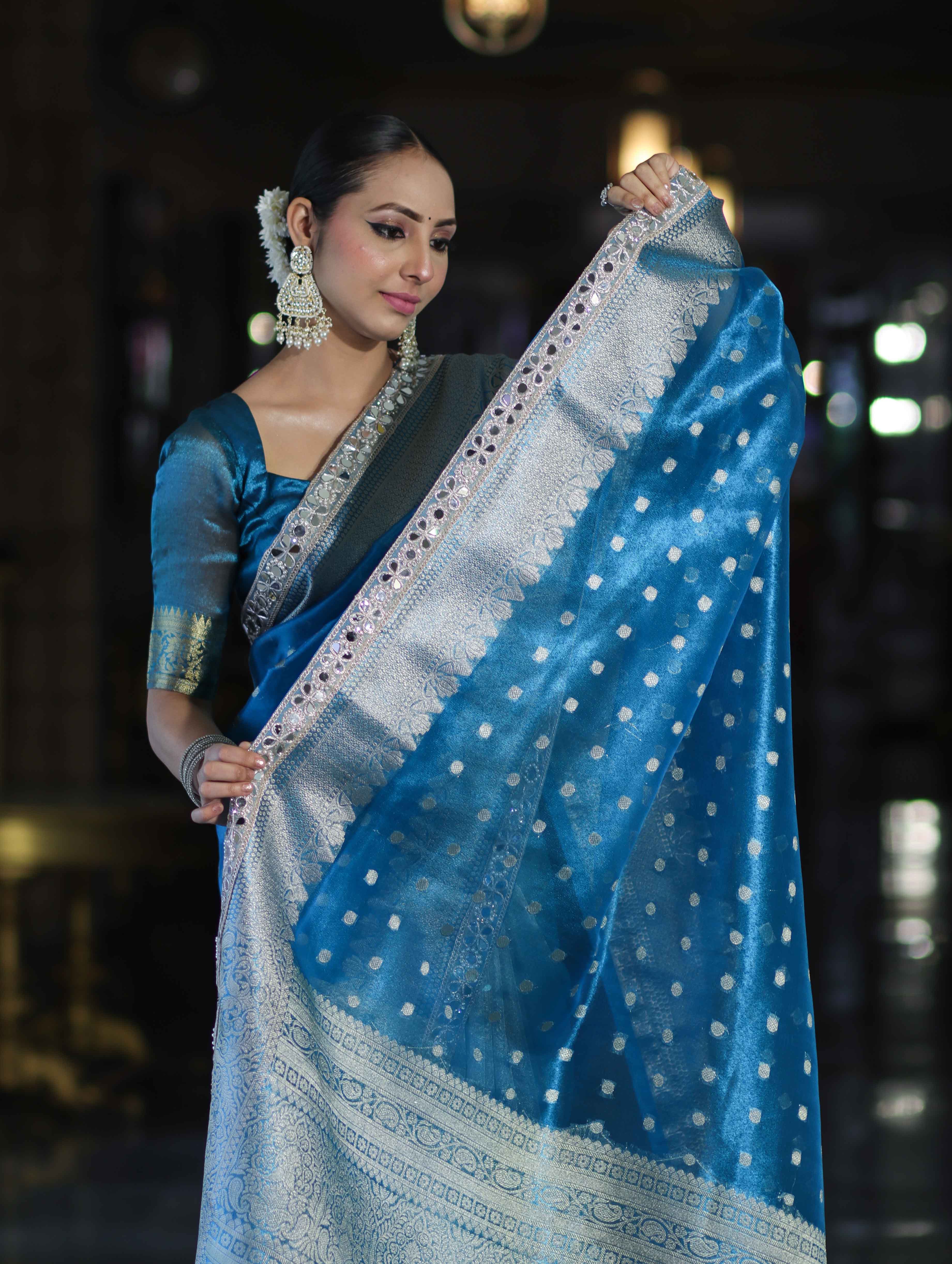 Banarasee Handloom Tissue Saree With Buti Design Zari Border & Lace-Sky Blue