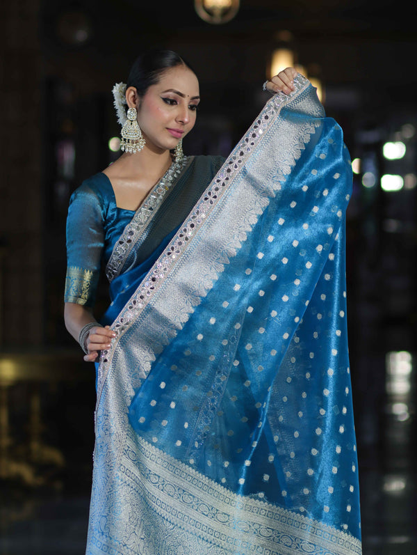 Banarasee Handloom Tissue Saree With Buti Design Zari Border & Lace-Sky Blue
