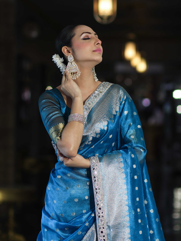 Banarasee Handloom Tissue Saree With Buti Design Zari Border & Lace-Sky Blue