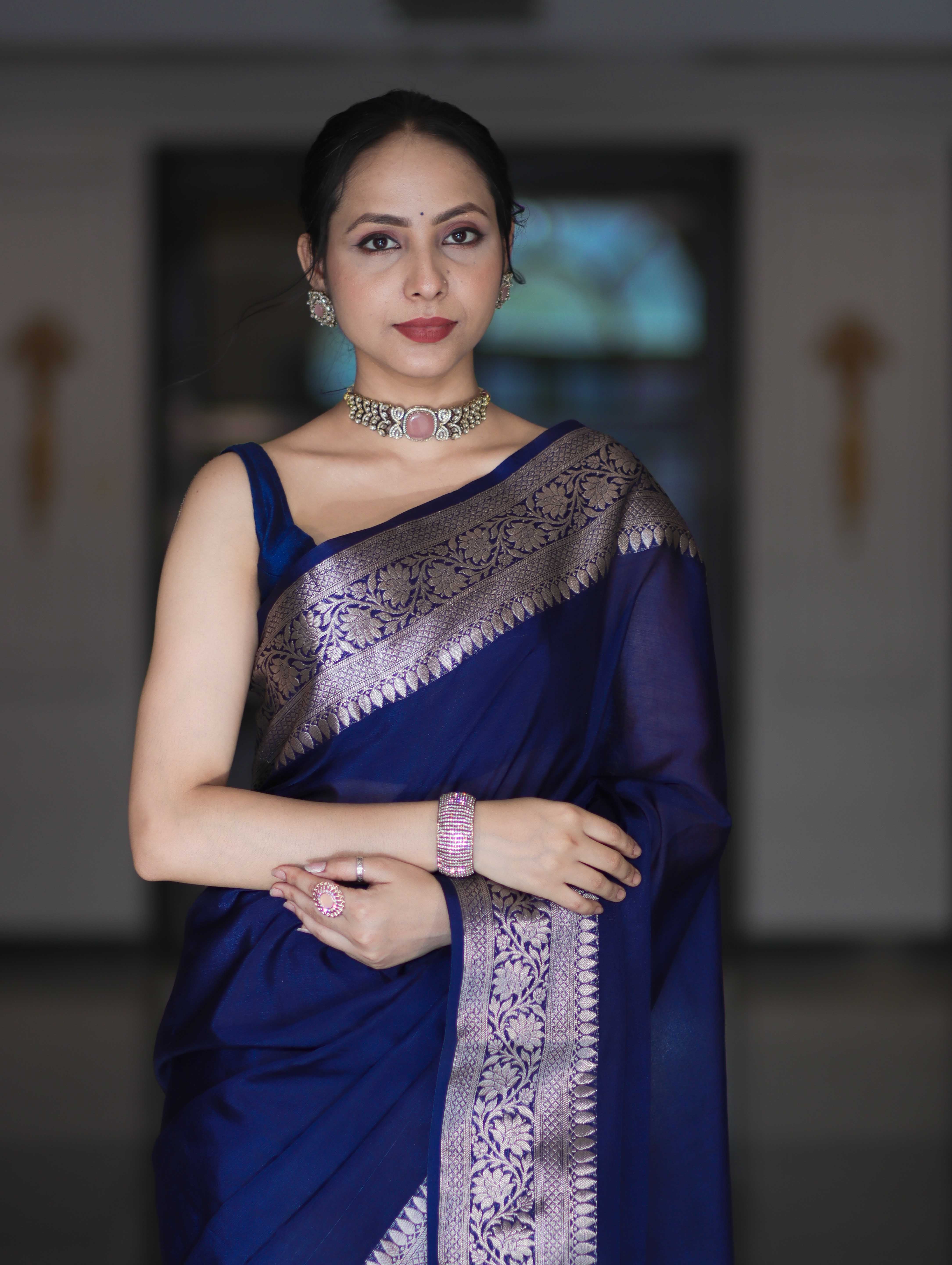 Banarasee Handloom Plain Semi Silk Saree With Zari Woven Border-Navy Blue