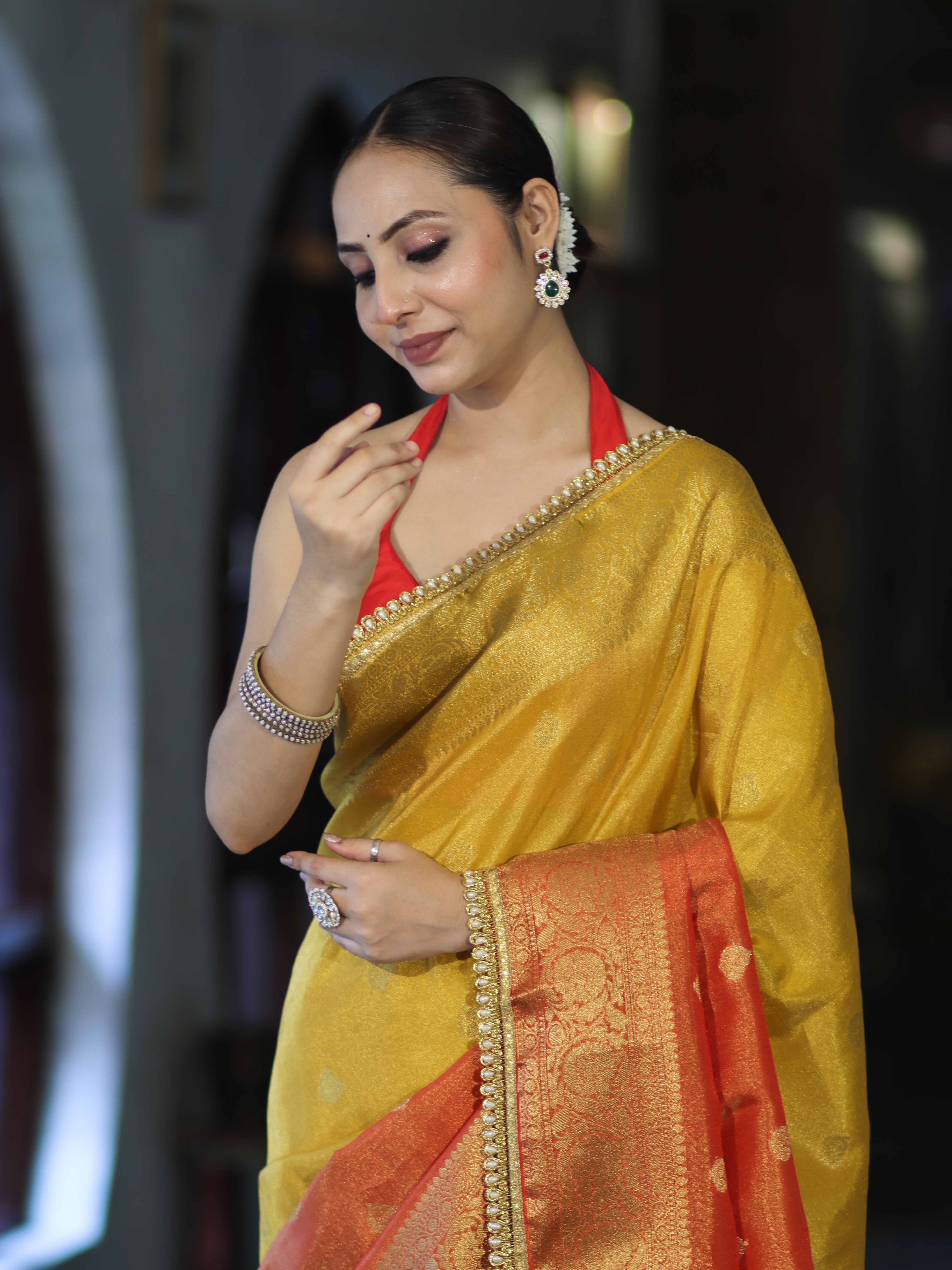 Banarasee Handloom Dual Color Tissue Silk Saree With Zari Buta Design Border & Lace-Red & Yellow