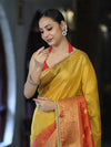 Banarasee Handloom Dual Color Tissue Silk Saree With Zari Buta Design Border & Lace-Red & Yellow