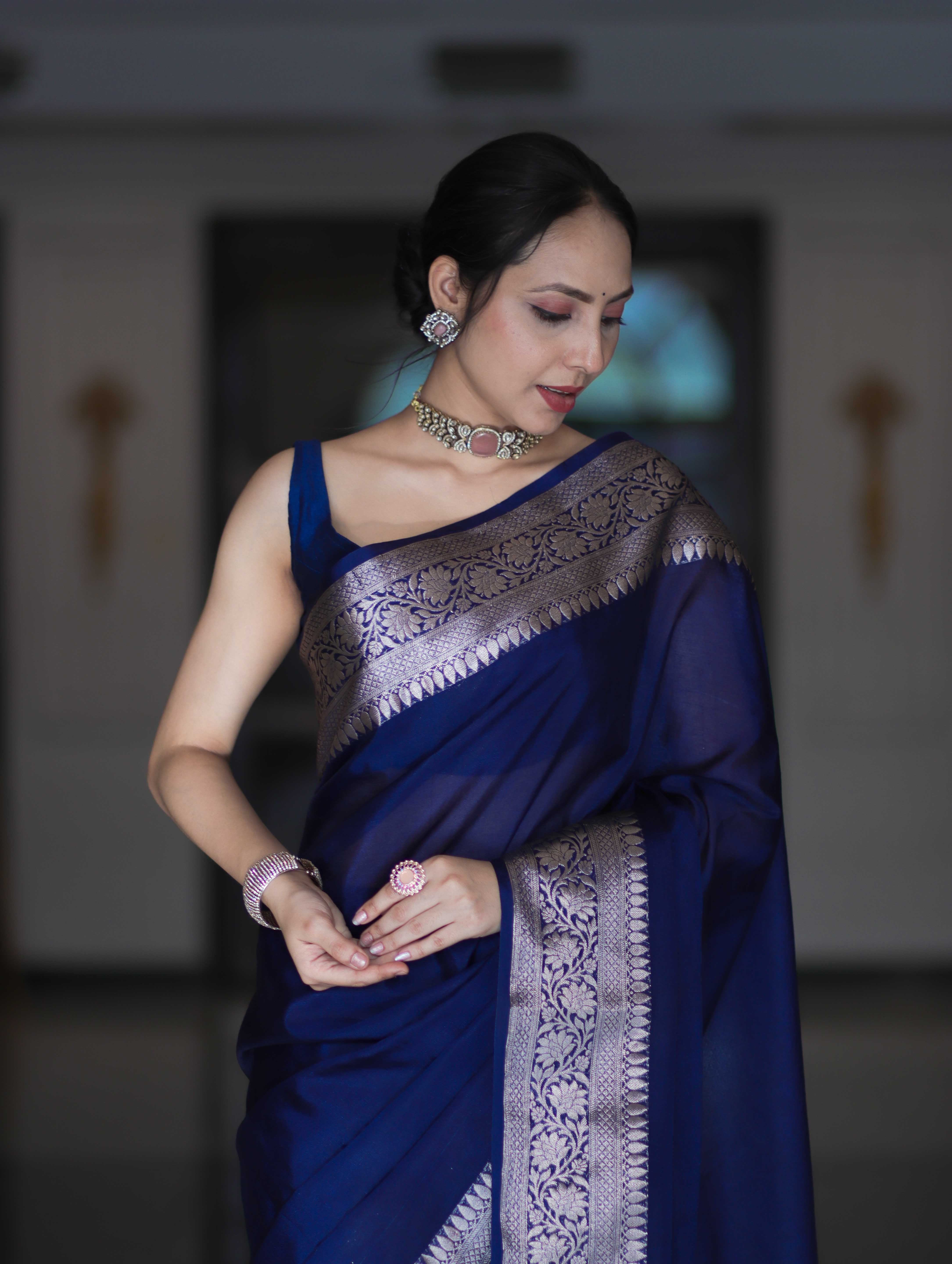 Banarasee Handloom Plain Semi Silk Saree With Zari Woven Border-Navy Blue