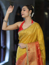 Banarasee Handloom Dual Color Tissue Silk Saree With Zari Buta Design Border & Lace-Red & Yellow
