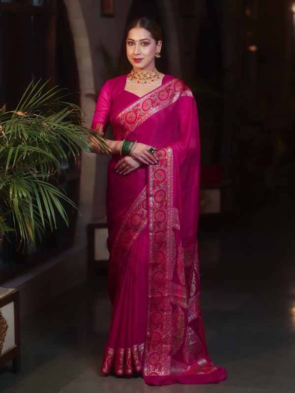 Banarasee Pure Chiffon Plain Saree With Resham Border-Pink