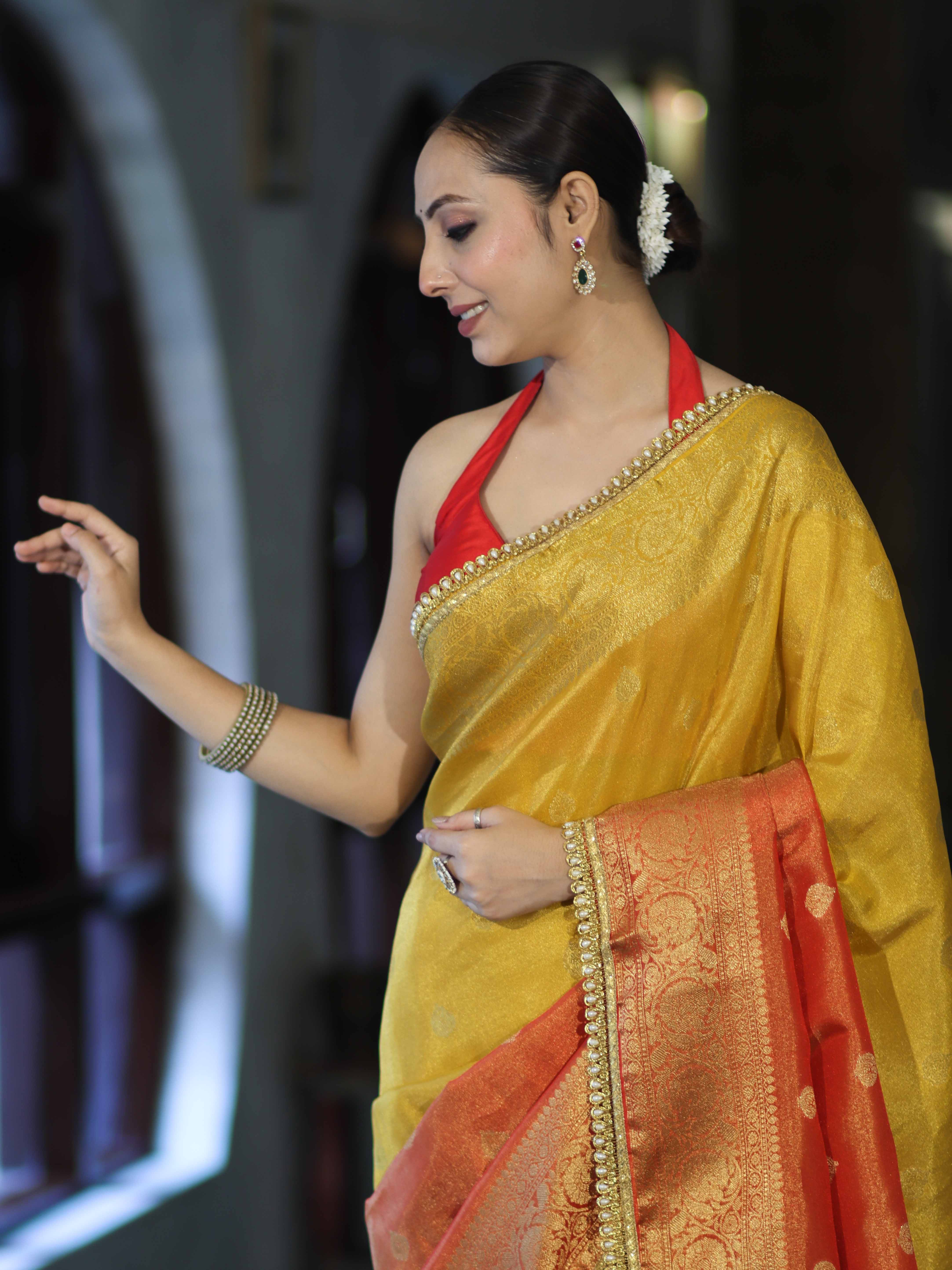 Banarasee Handloom Dual Color Tissue Silk Saree With Zari Buta Design Border & Lace-Red & Yellow
