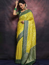 Banarasee Handwoven Semi-Silk Upadda Saree With Zari Floral Work-Yellow & Green