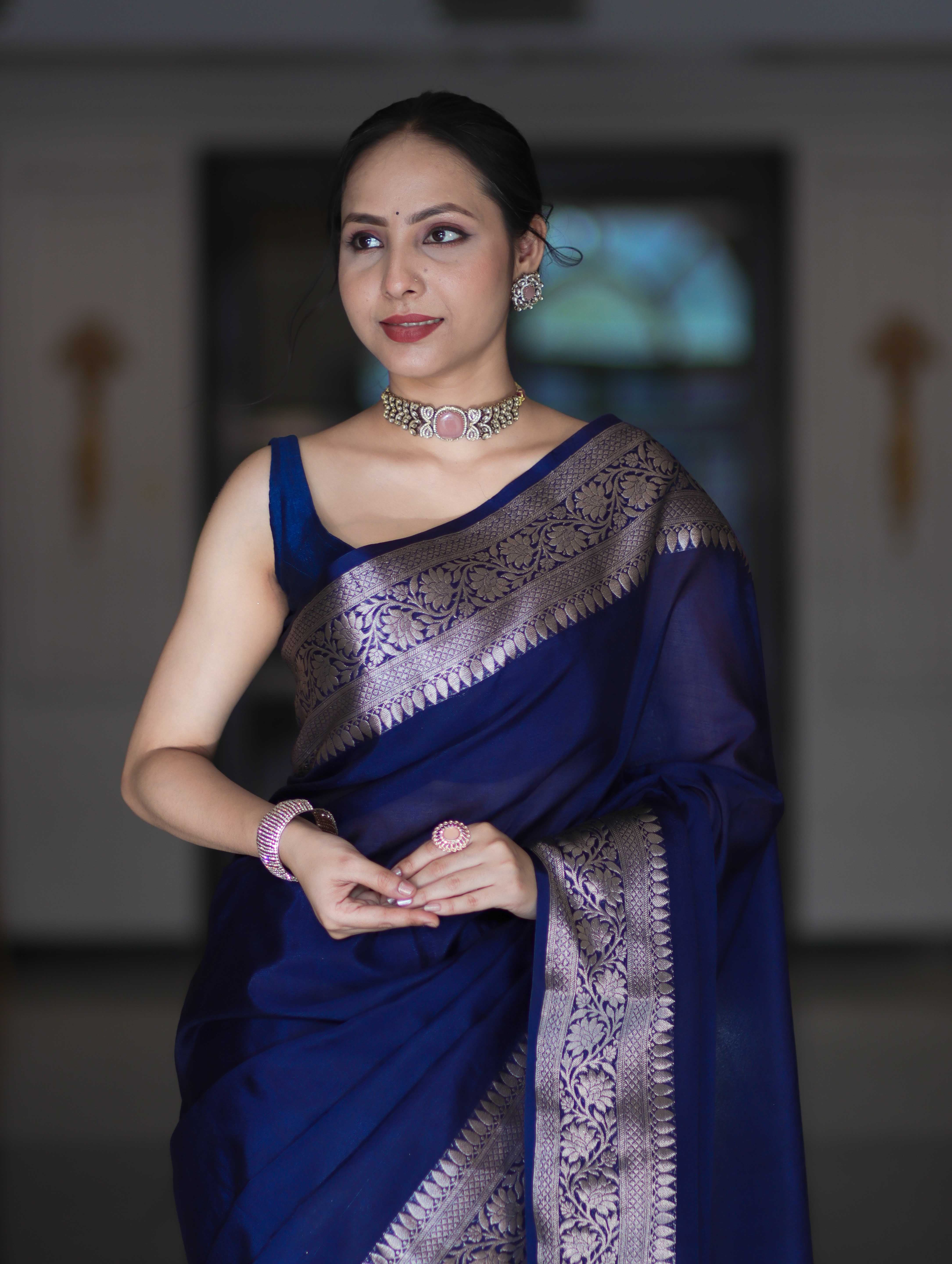 Banarasee Handloom Plain Semi Silk Saree With Zari Woven Border-Navy Blue