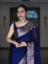 Banarasee Handloom Plain Semi Silk Saree With Zari Woven Border-Navy Blue