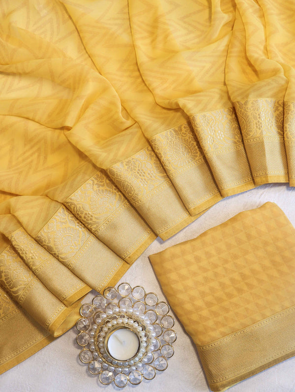 Banarasee Handloom Zigzag Print Chiffon Saree With Gold Zari Border-Light Yellow