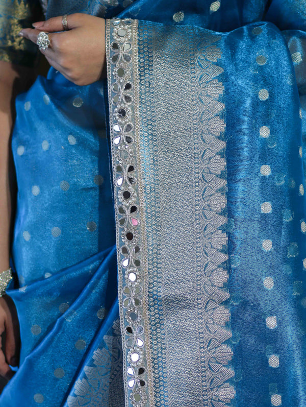 Banarasee Handloom Tissue Saree With Buti Design Zari Border & Lace-Sky Blue