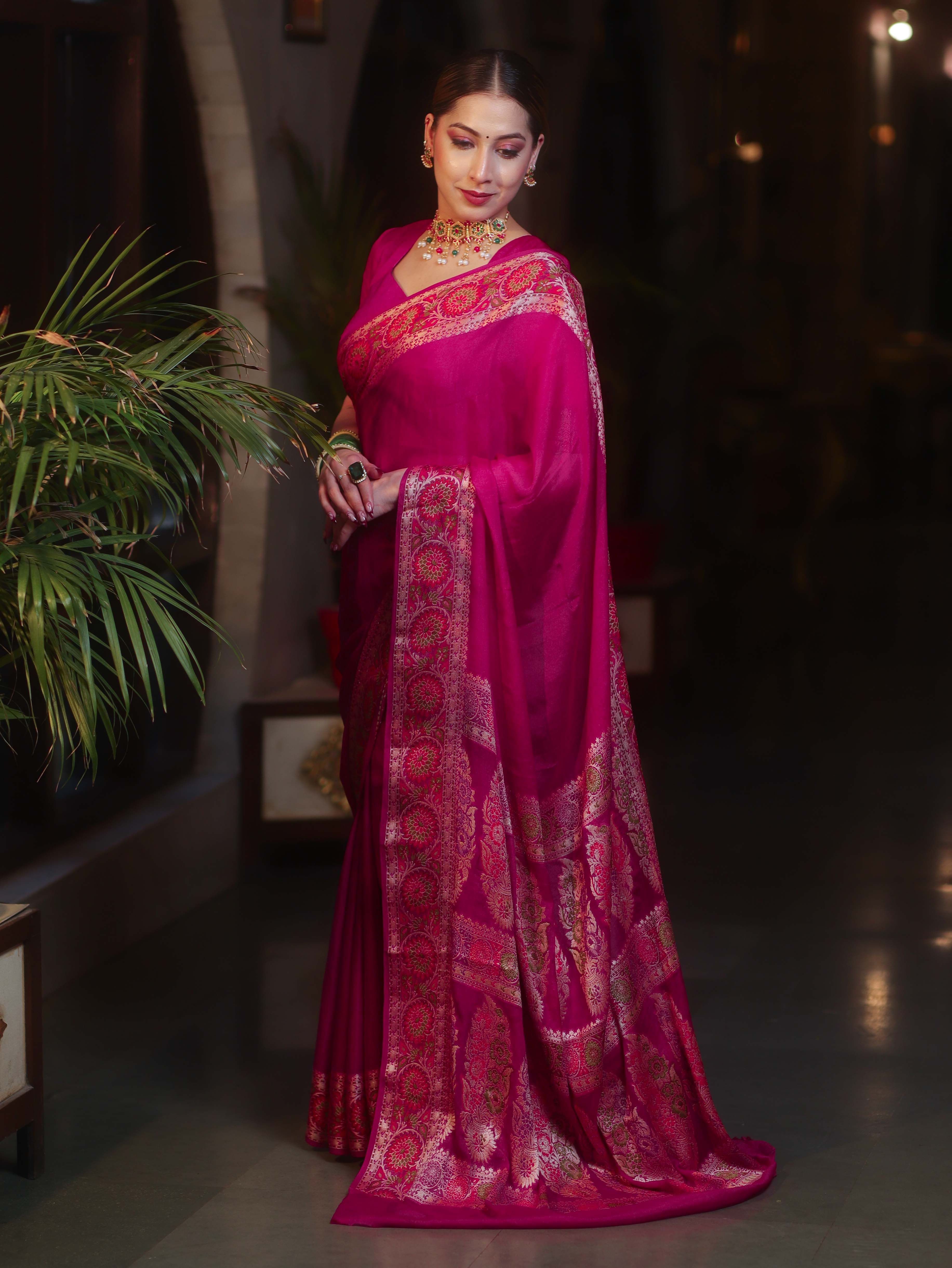 Banarasee Pure Chiffon Plain Saree With Resham Border-Pink