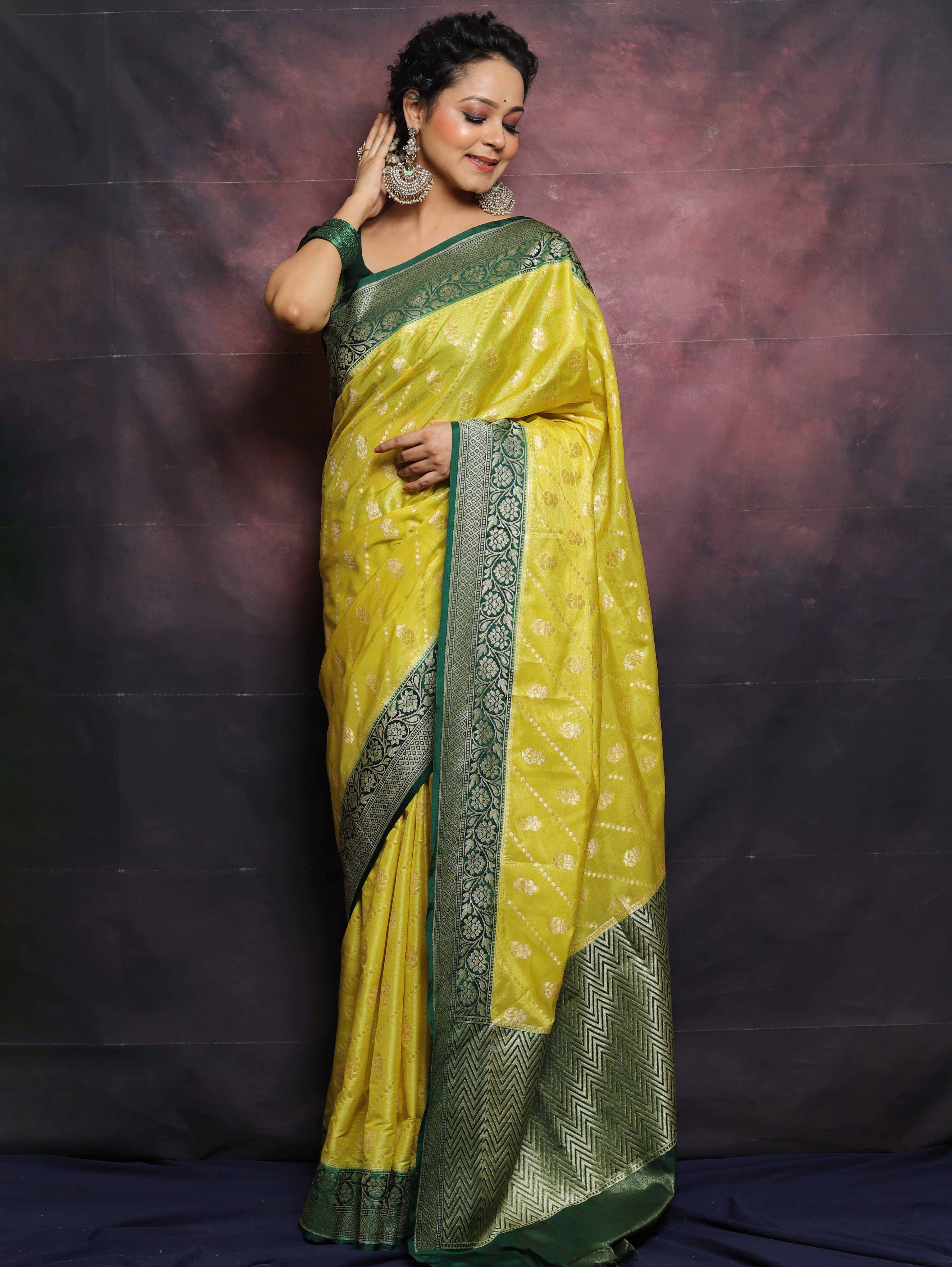 Banarasee Handwoven Semi-Silk Upadda Saree With Zari Floral Work-Yellow & Green