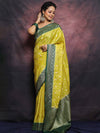 Banarasee Handwoven Semi-Silk Upadda Saree With Zari Floral Work-Yellow & Green
