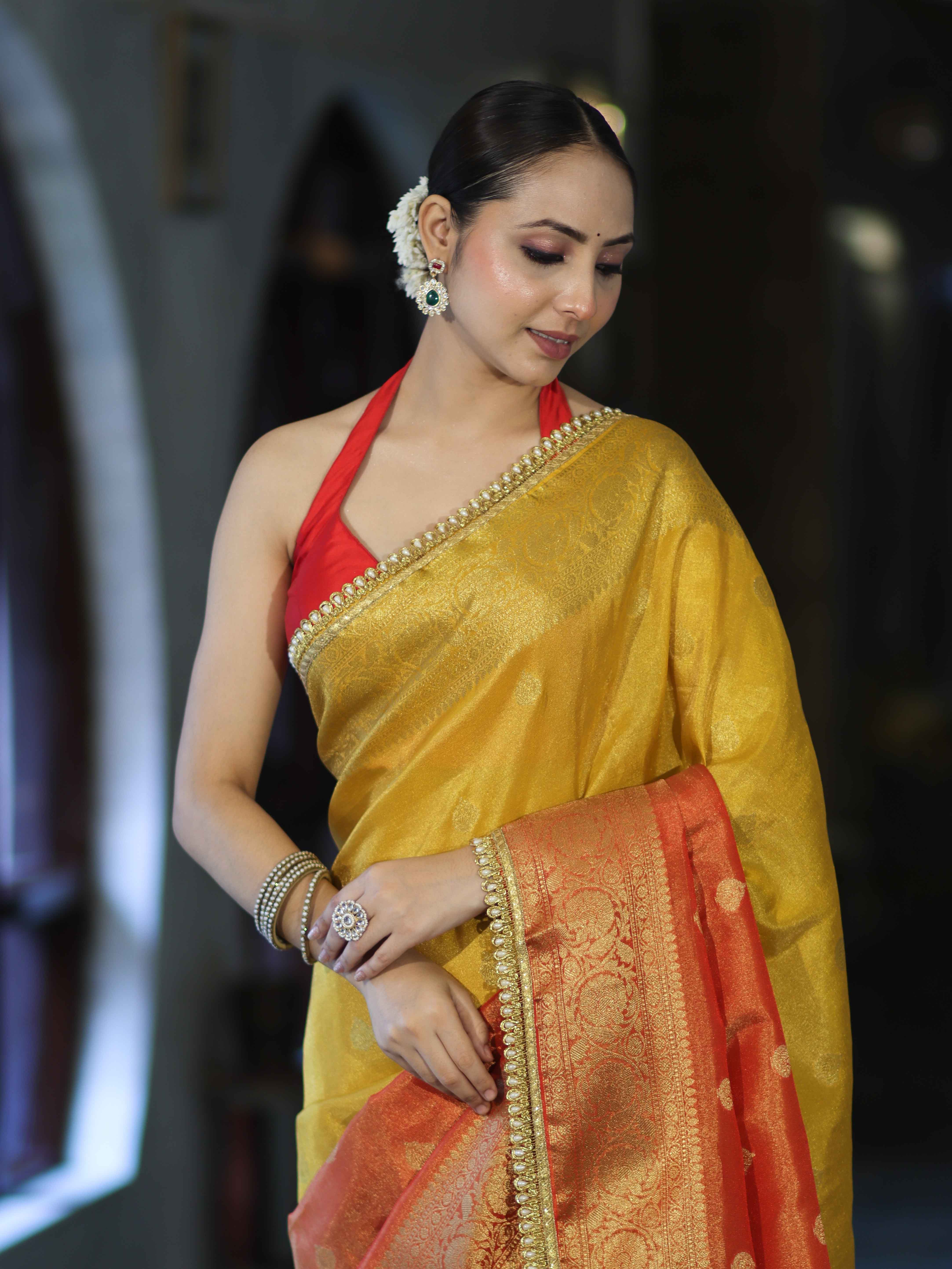 Banarasee Handloom Dual Color Tissue Silk Saree With Zari Buta Design Border & Lace-Red & Yellow