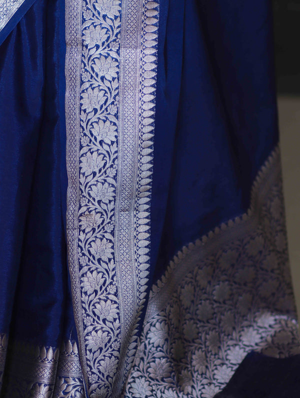 Banarasee Handloom Plain Semi Silk Saree With Zari Woven Border-Navy Blue