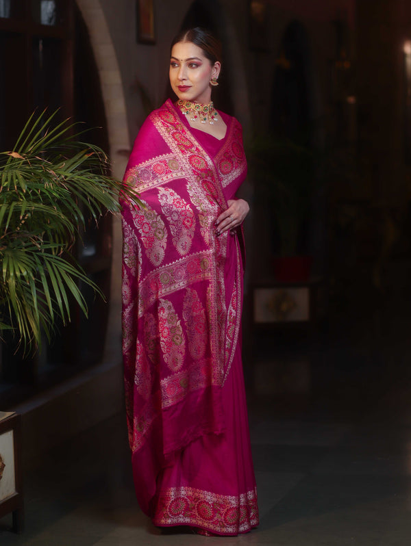 Banarasee Pure Chiffon Plain Saree With Resham Border-Pink